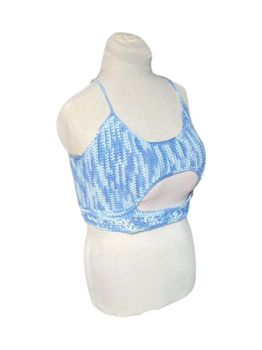 Gehaakte crop-top/bralette katoen in blauwe tinten - handgemaakte festival top (sneak-a-peek) - maat XL
