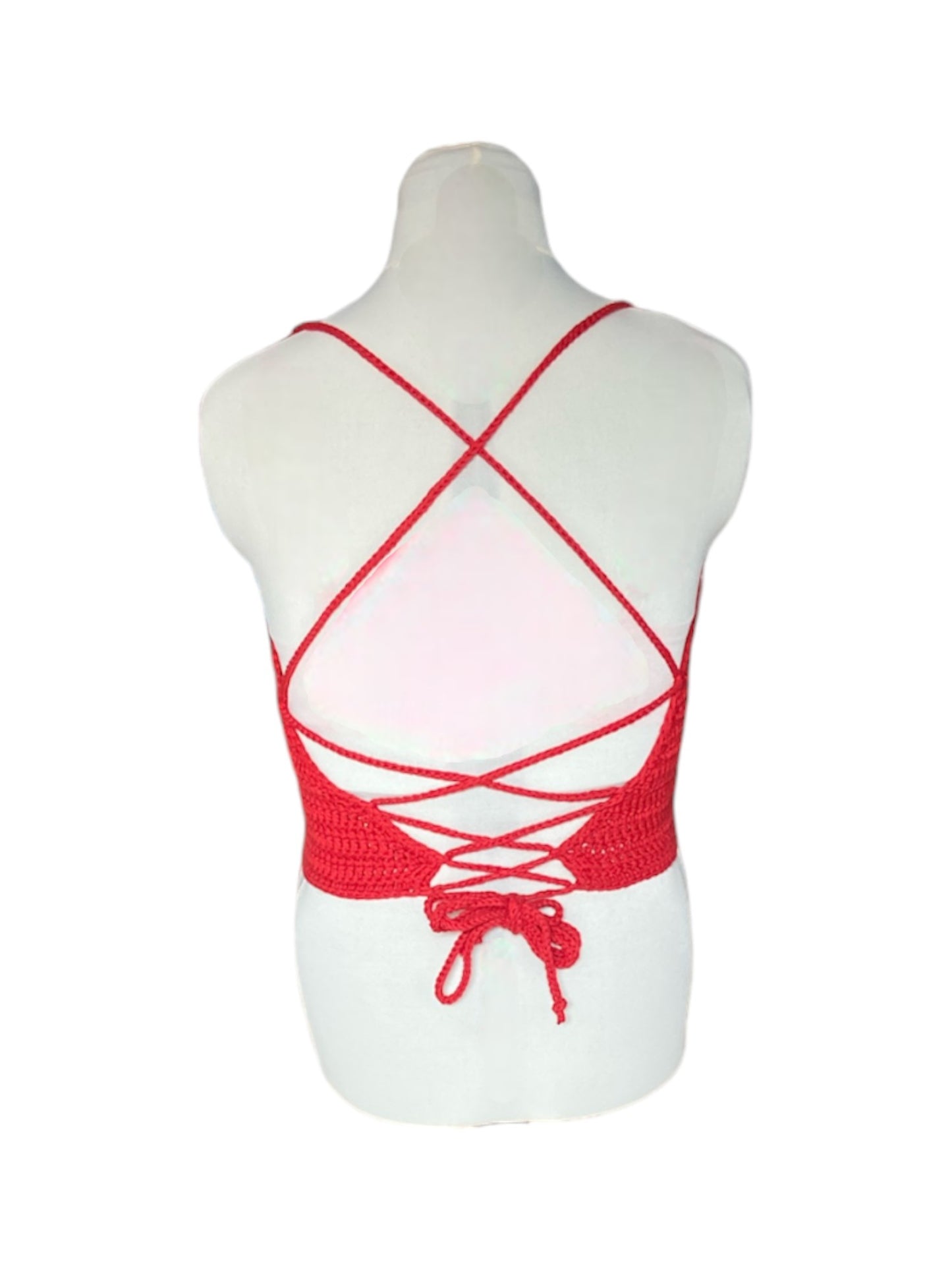 Gehaakte rode haltertop van 100% katoen met mesh detail in V-vorm - handgemaakte festival top - maat XL