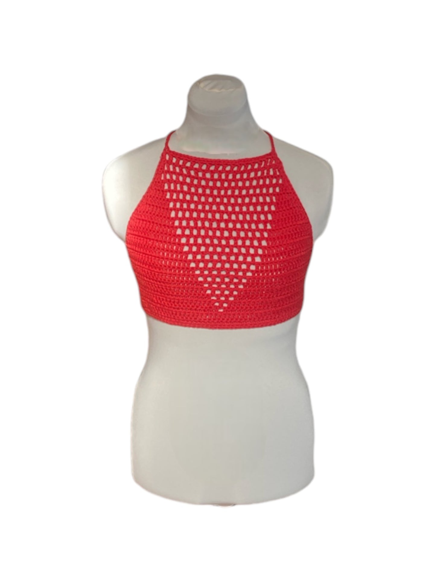 Gehaakte rode haltertop van 100% katoen met mesh detail in V-vorm - handgemaakte festival top - maat S