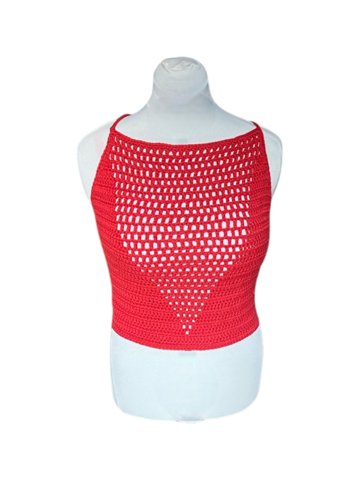 Gehaakte rode haltertop van 100% katoen met mesh detail in V-vorm - handgemaakte festival top - maat XL