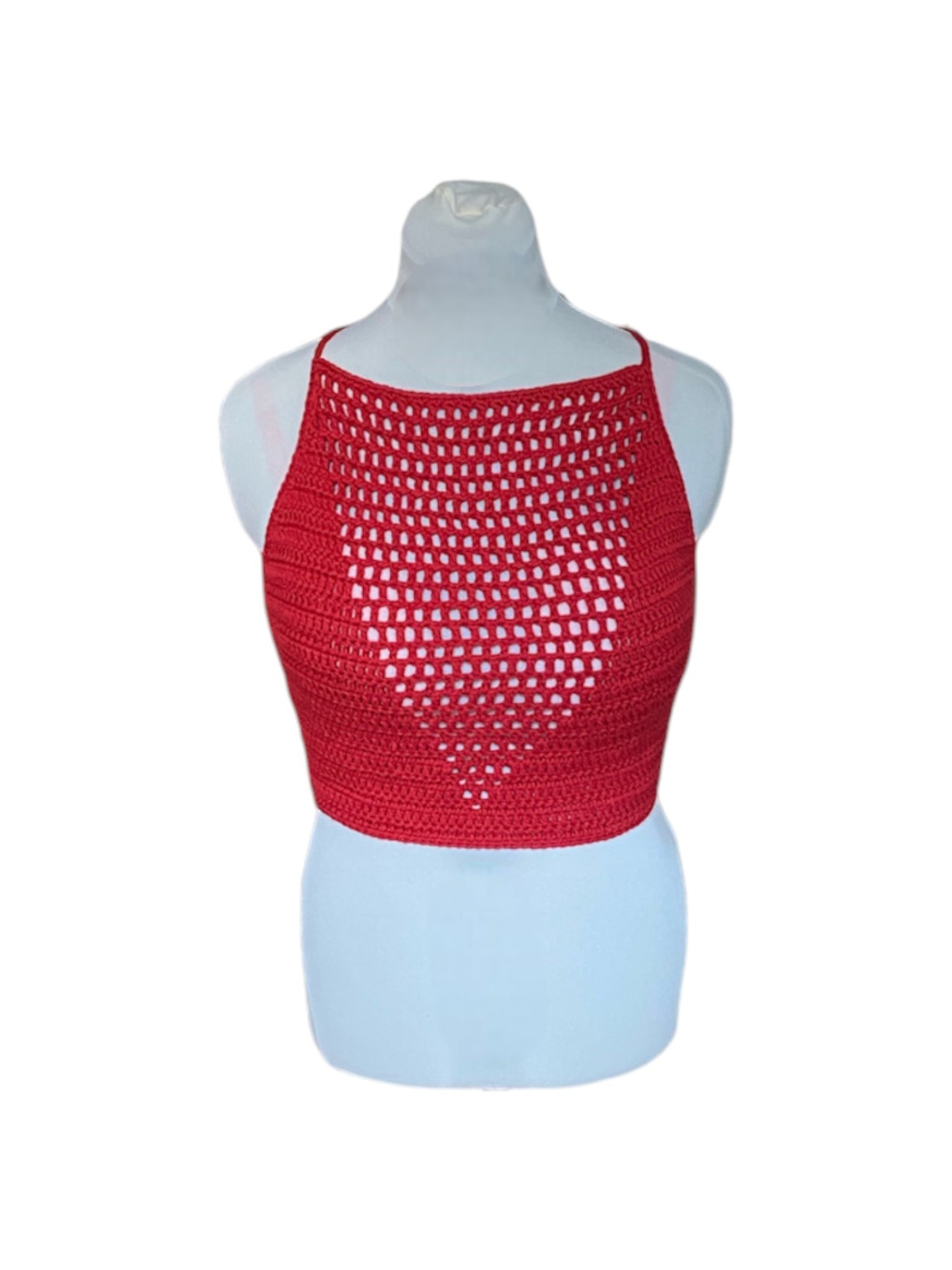 Gehaakte rode haltertop van 100% katoen met mesh detail in V-vorm - handgemaakte festival top - maat XXL