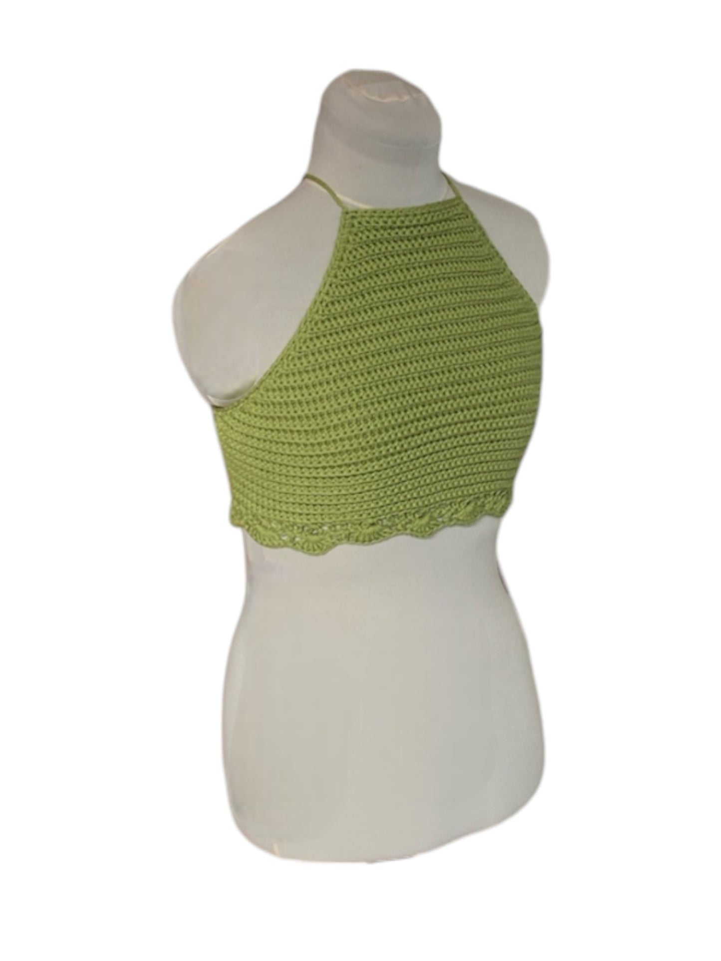 Gehaakte groene halter-top - handgemaakte crop-top met geribbelde structuur en schelpenrand - maat S