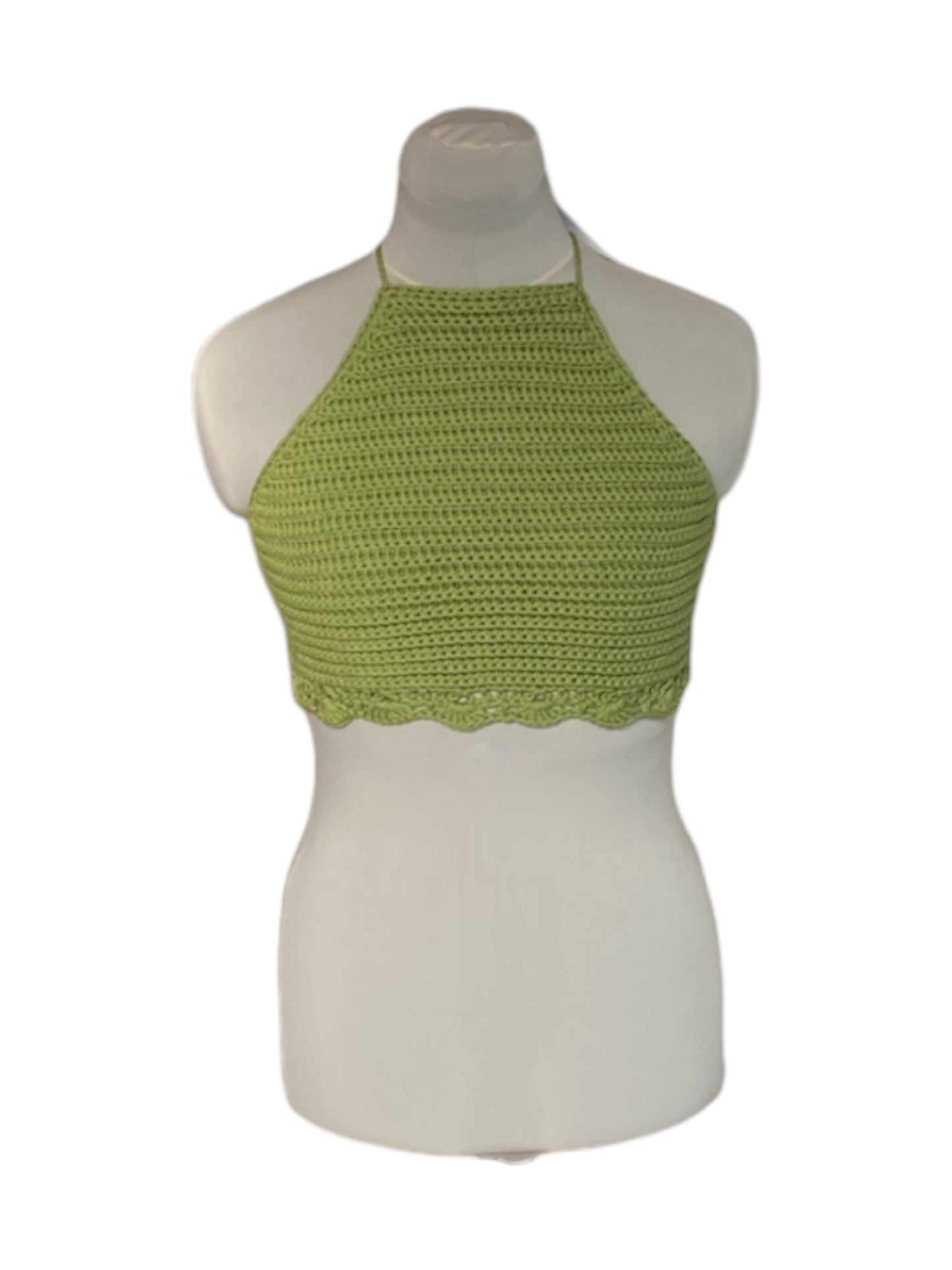 Gehaakte groene halter-top - handgemaakte crop-top met geribbelde structuur en schelpenrand - maat S