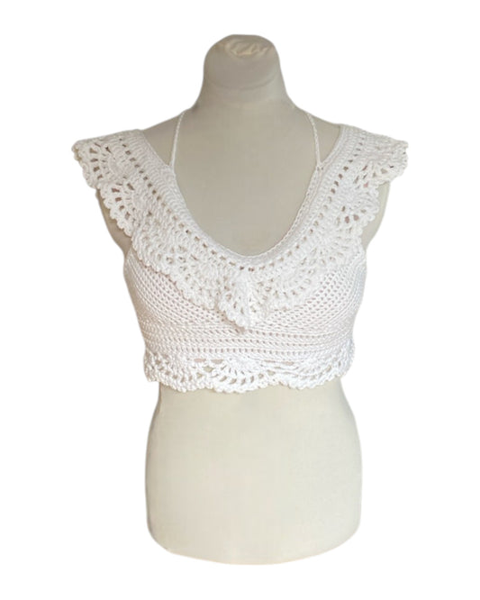 Gehaakte Aurora crop-top katoen wit – handgemaakte boho festival top – maat L
