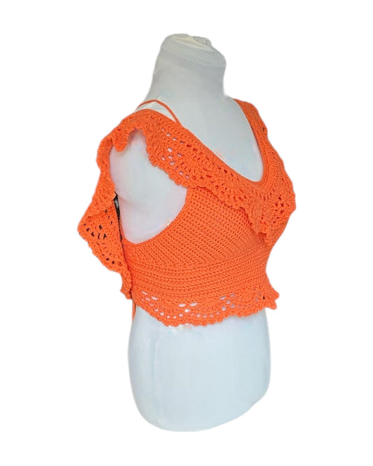 Gehaakte Aurora crop-top katoen oranje – handgemaakte boho festival top – maat S