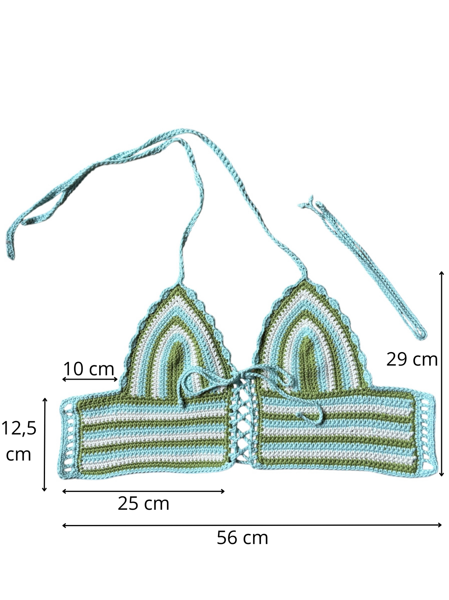 Gehaakte, gestreepte corset crop-top katoen creme, blauw, groen – handgemaakte festival top – maat M