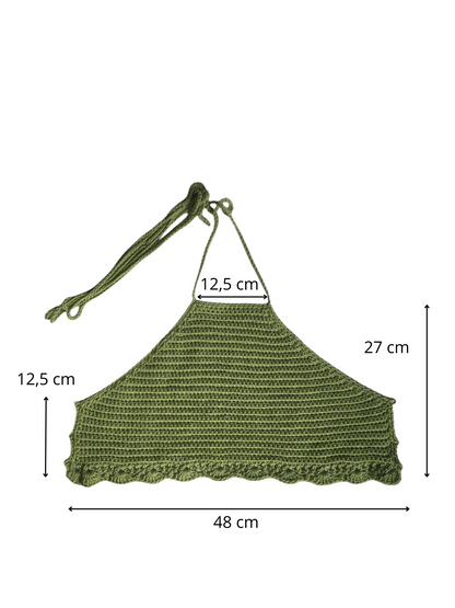 Gehaakte groene halter-top - handgemaakte crop-top met geribbelde structuur en schelpenrand - maat S