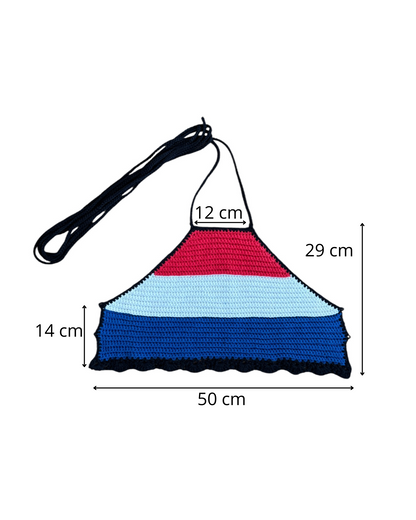 Gehaakte, rood-wit-blauwe haltertop - handgemaakte crop-top met geribbelde structuur en schelpenrand - maat M
