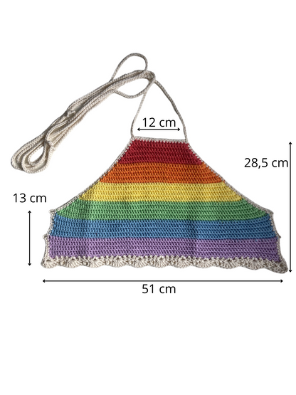 Gehaakte pastel regenboog halter-top - handgemaakte crop-top met geribbelde structuur en schelpenrand - maat M