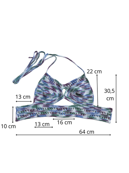 Gehaakte crop-top/bralette paars blauw groen wit - handgemaakte festival top van 100% katoen - maat XL