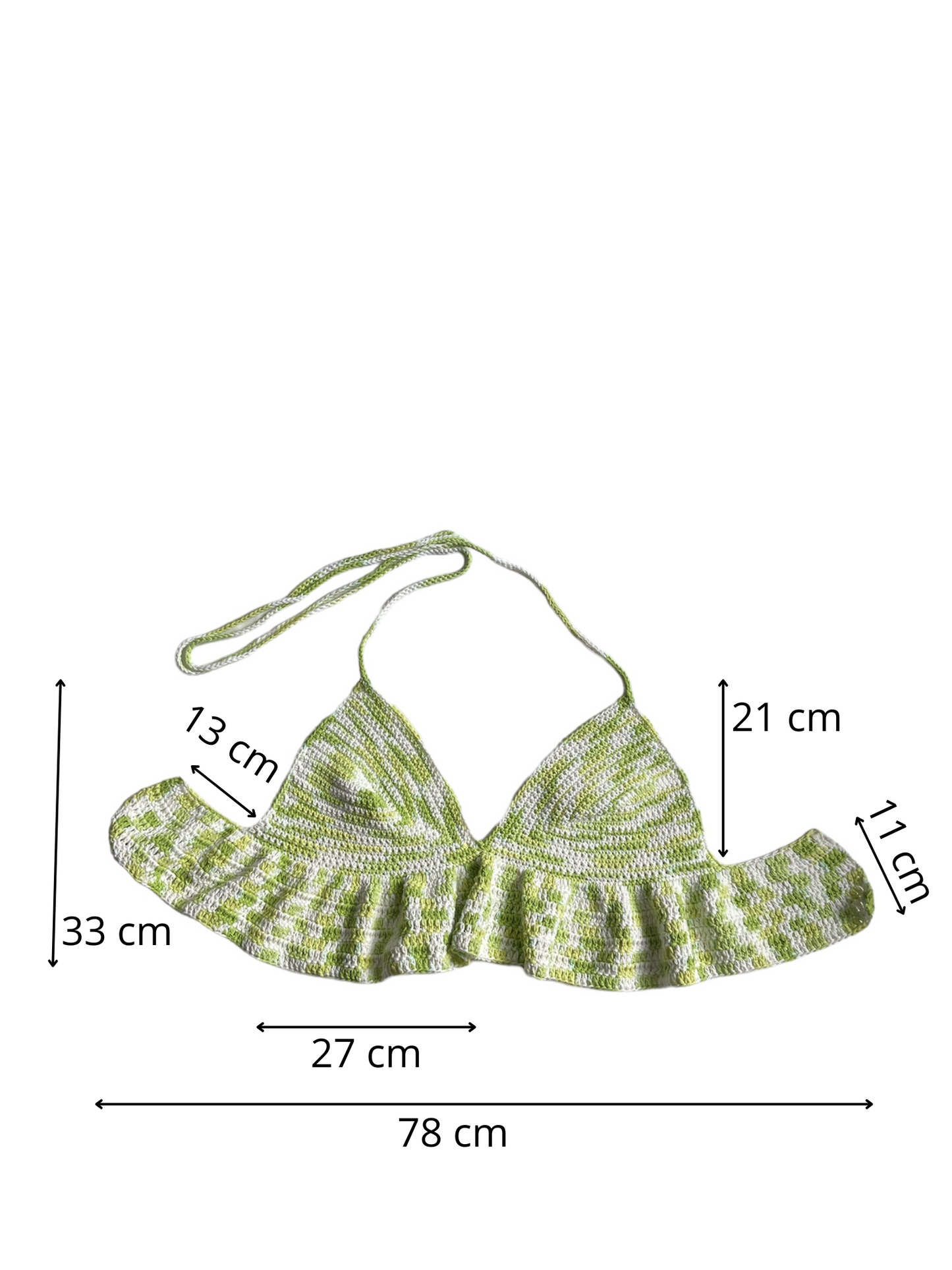 Gehaakte lichtgroene/witte crop-top/bralette van 100% katoen – handgemaakte festival top met speelse ruches  – maat L