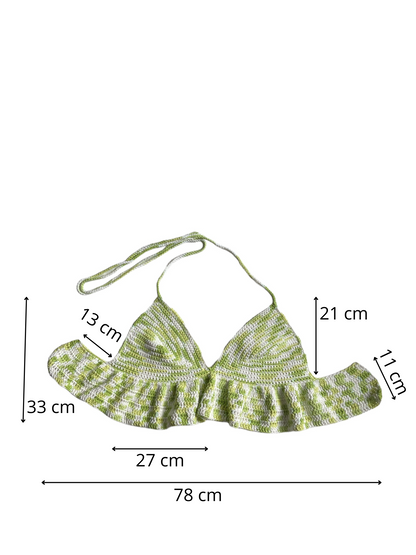 Gehaakte lichtgroene/witte crop-top/bralette van 100% katoen – handgemaakte festival top met speelse ruches  – maat L