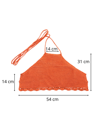 Gehaakte oranje halter-top - handgemaakte crop-top met geribbelde structuur en schelpenrand - maat L