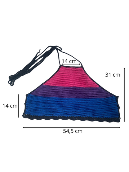 Gehaakte bi-pride halter-top - handgemaakte crop-top met geribbelde structuur en schelpenrand - maat L