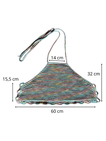 Gehaakte regenboog halter-top - handgemaakte crop-top met geribbelde structuur en schelpenrand - maat XL
