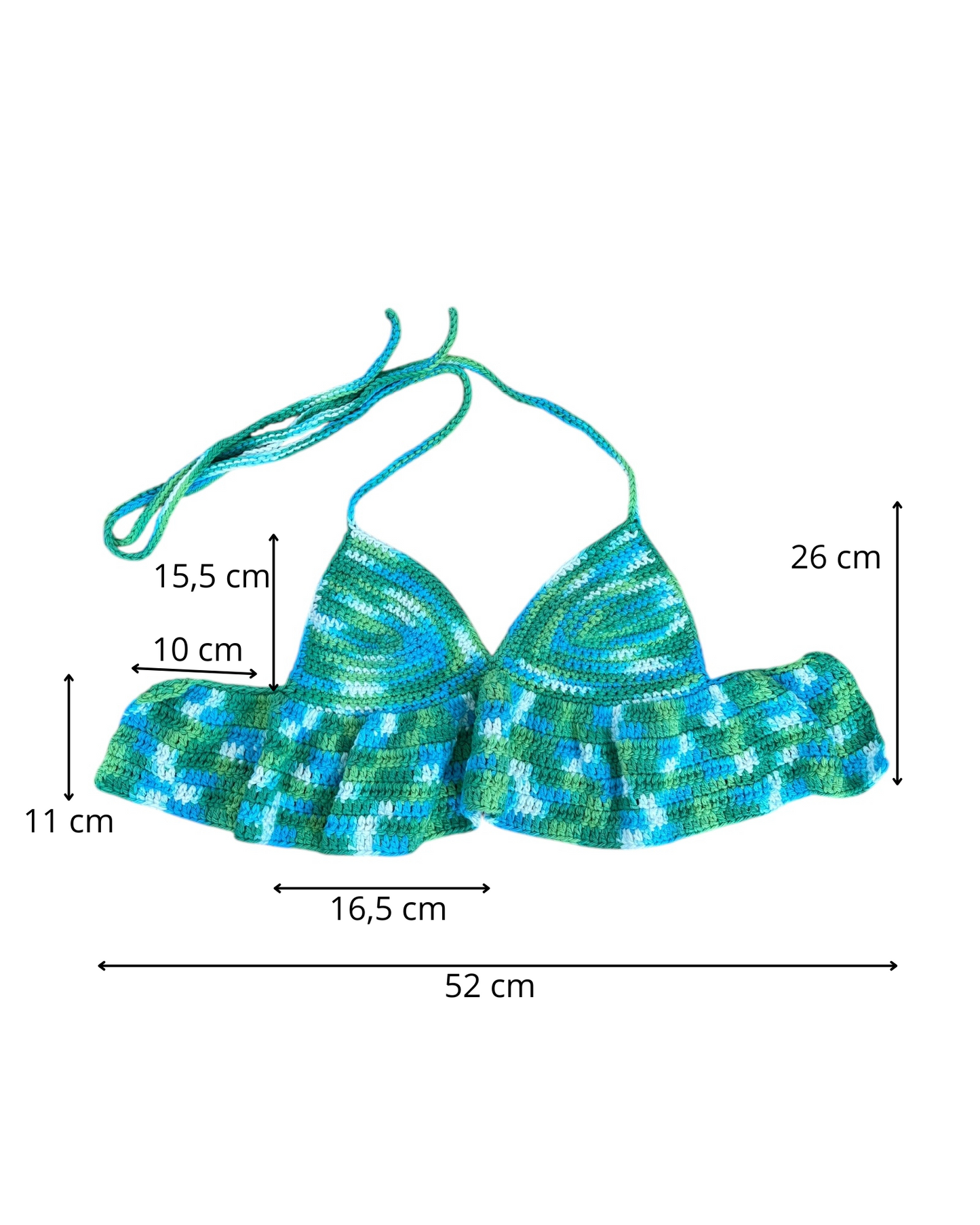 Gehaakte crop-top/bralette van 100% katoen – handgemaakte festival top met speelse ruches van groen-wit-blauwe kleuren – maat S