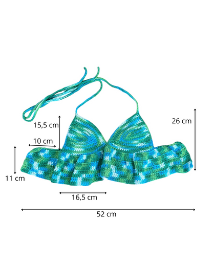 Gehaakte crop-top/bralette van 100% katoen – handgemaakte festival top met speelse ruches van groen-wit-blauwe kleuren – maat S