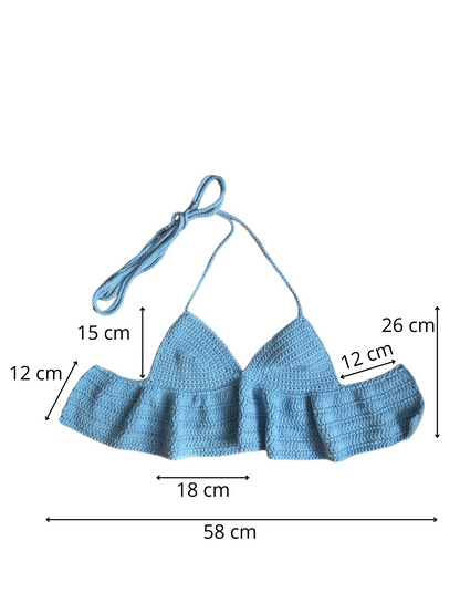 Gehaakte lichtblauwe crop-top/bralette van 100% katoen – handgemaakte festival top met speelse ruches – maat S