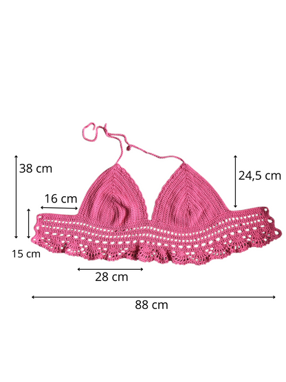 Gehaakte boho crop-top katoen koraal roze – handgemaakte festival top – maat  XL