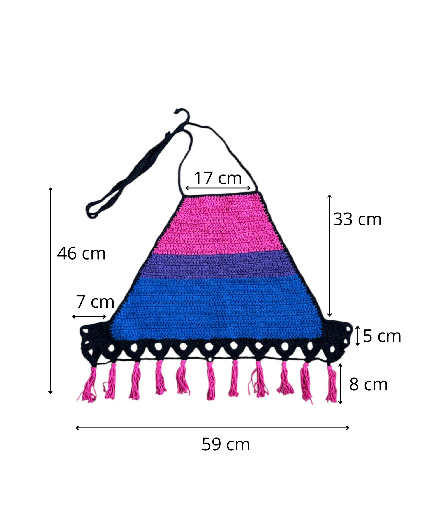 Gehaakte haltertop van 100% katoen – handgemaakte boho festival top met kwastjes in kleuren van bi pride vlag – maat L
