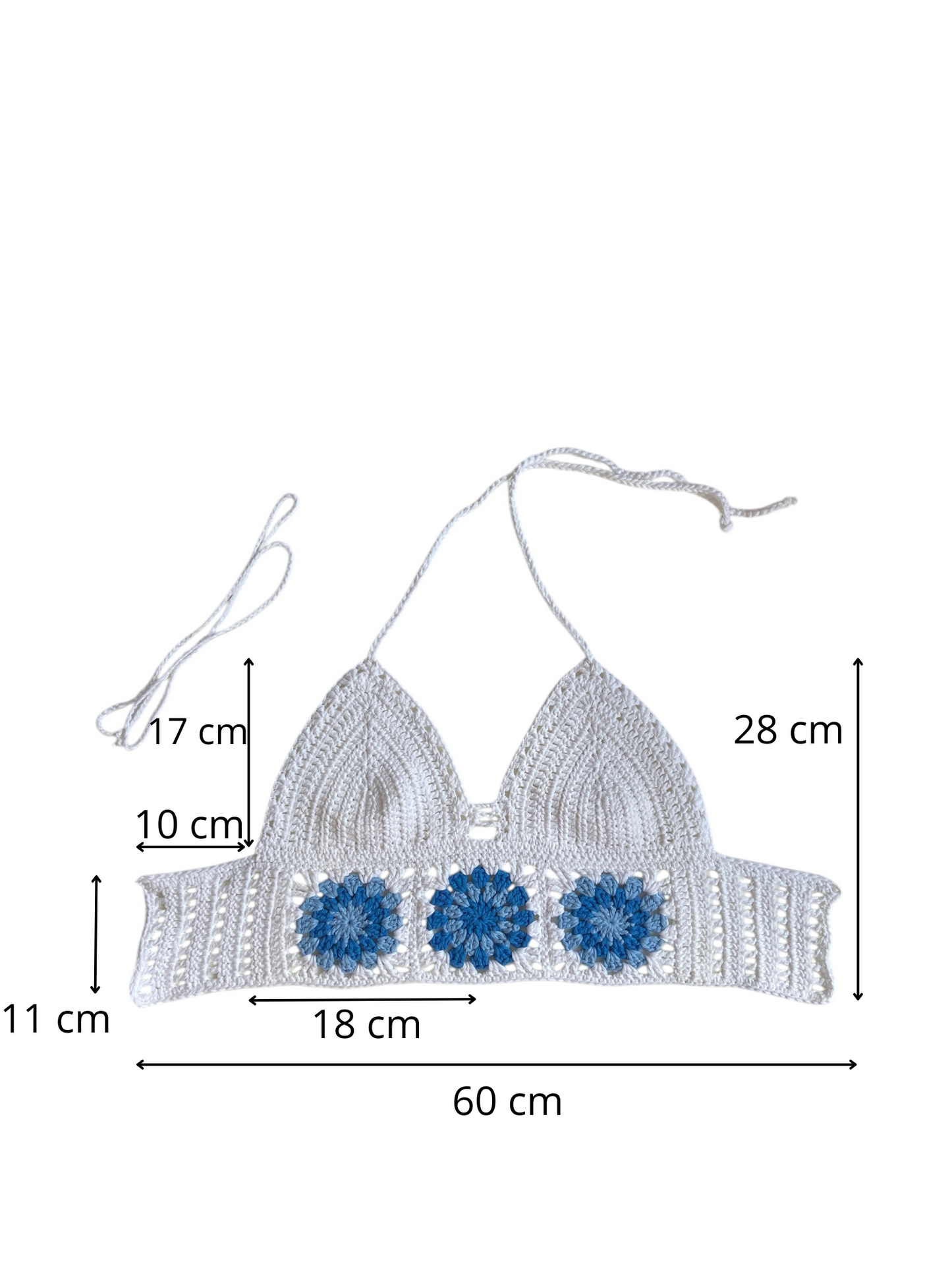 Gehaakte witte Marigold crop-top met blauwe granny squares – 100% katoen – maat M