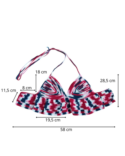 Gehaakte crop-top/bralette van 100% katoen – handgemaakte festival top met speelse ruches van roze, witte en donkerblauwe kleur– maat S