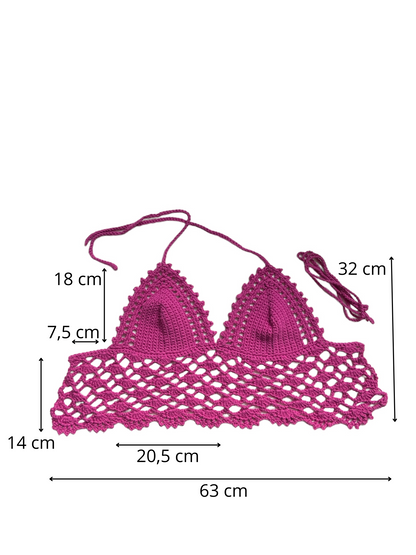 Gehaakte kanten bralette katoen roze fuchsia - handgemaakte elegante festival top  – maat M