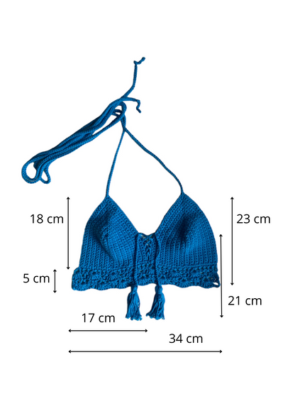 Gehaakte crop-top bralette katoen blauw – handgemaakte boho festival top – maat M