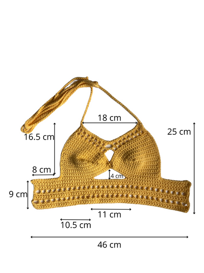 Gehaakte gele crop-top/bralette - handgemaakte festival top van 100% katoen - maat S