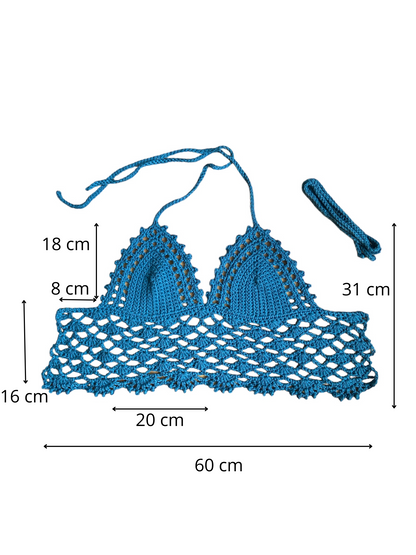 Gehaakte kanten bralette katoen blauw - handgemaakte elegante festival top  – maat S