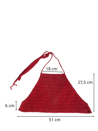 Gehaakte rode haltertop van 100% katoen met mesh detail in V-vorm - handgemaakte festival top - maat S