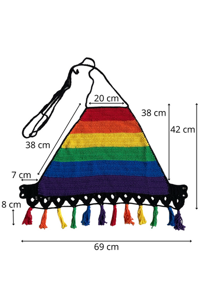 Gehaakte haltertop van 100% katoen – handgemaakte boho festival top met kwastjes in regenboog kleuren – maat XL