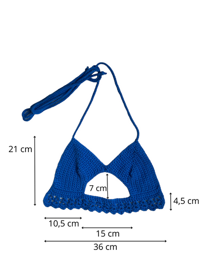 Gehaakte crop-top bralette katoen blauw - handgemaakte festival top (Peek-a-boob) - maat S