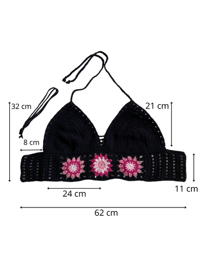 Gehaakte zwarte Marigold crop-top met roze granny squares – 100% katoen – maat L