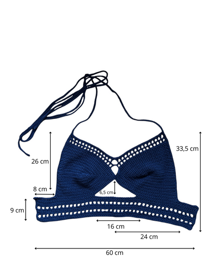 Gehaakte crop-top/bralette donkerblauw - handgemaakte festival top van 100% katoen - maat L