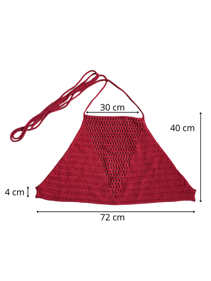 Gehaakte rode haltertop van 100% katoen met mesh detail in V-vorm - handgemaakte festival top - maat XXL