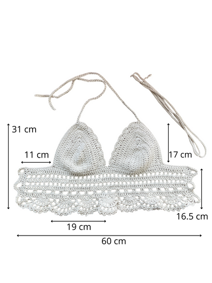 Gehaakte boho crop-top katoen ecru – handgemaakte festival top – maat M