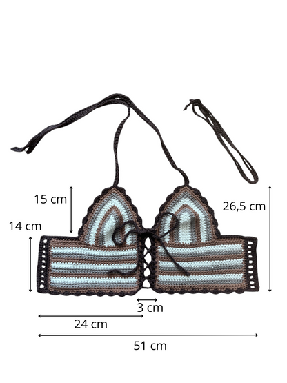Gehaakte, gestreepte corset crop-top katoen bruin – handgemaakte festival top – maat S