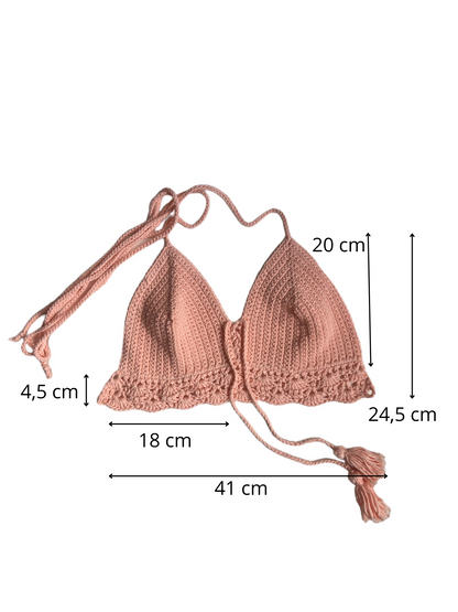 Gehaakte crop-top bralette katoen perzik kleur – handgemaakte boho festival top – maat L