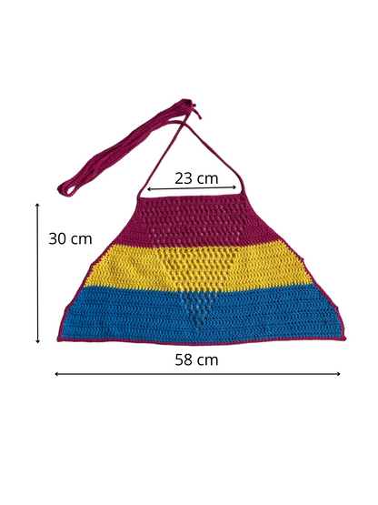 Gehaakte haltertop van 100% katoen met mesh detail in V-vorm - handgemaakte festival top in pan pride kleuren- maat L
