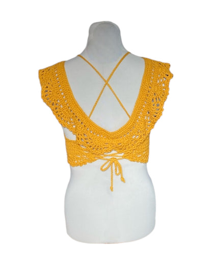 Gehaakte Aurora crop-top katoen oker geel – handgemaakte boho festival top – maat M