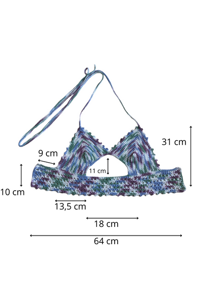 Gehaakte crop-top bralette katoen paars blauw groen wit - handgemaakte festival top (Peek-a-boob) - maat L