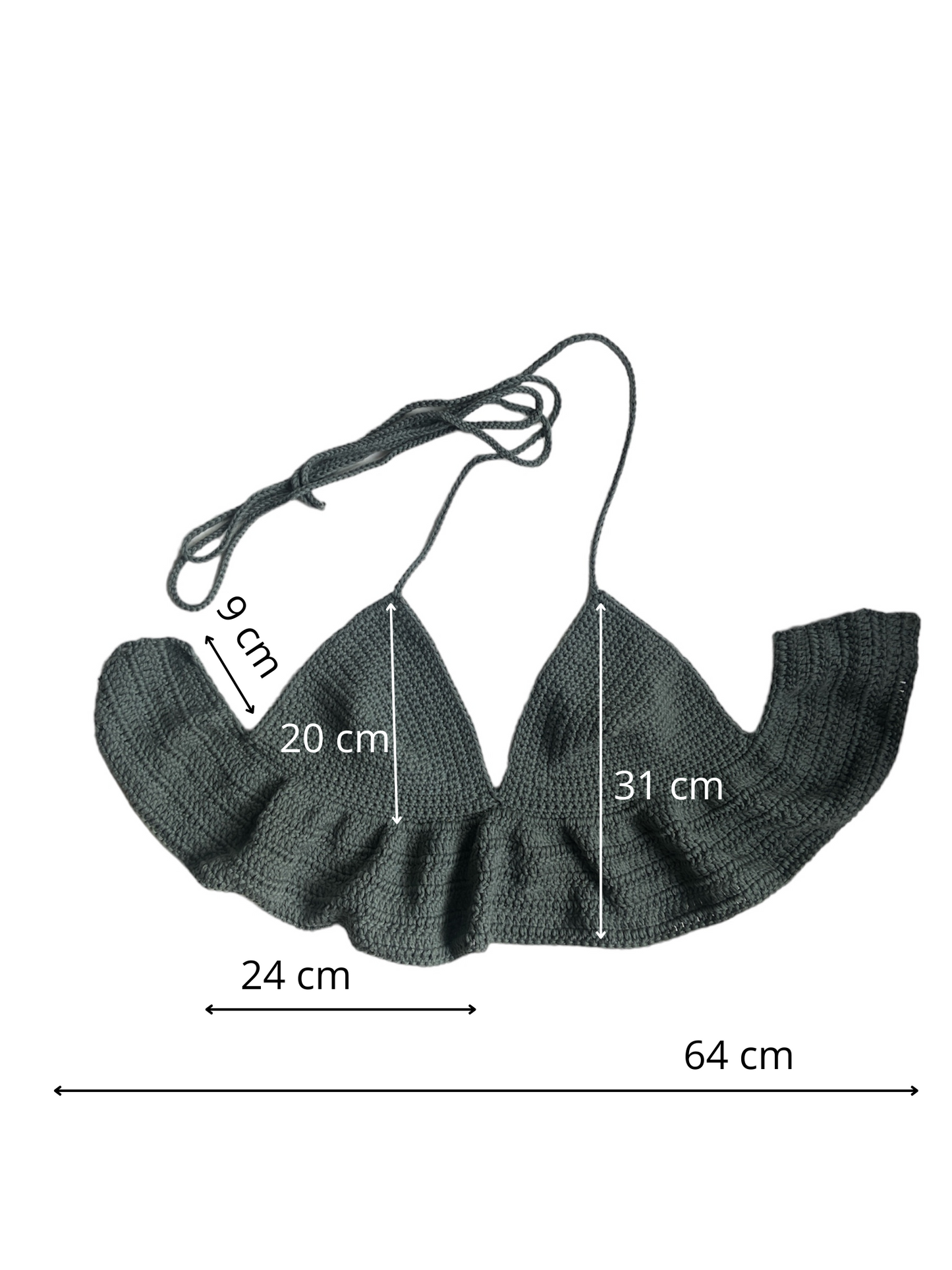 Gehaakte legergroene crop-top/bralette van 100% katoen – handgemaakte festival top met speelse ruches  – maat XL