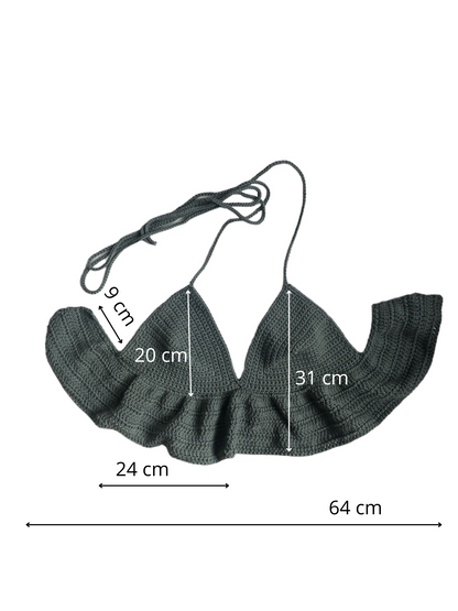 Gehaakte legergroene crop-top/bralette van 100% katoen – handgemaakte festival top met speelse ruches  – maat XL