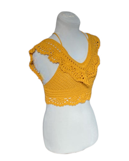 Gehaakte Aurora crop-top katoen oker geel – handgemaakte boho festival top – maat M