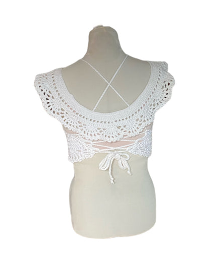 Gehaakte Aurora crop-top katoen wit – handgemaakte boho festival top – maat L