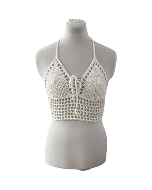 Gehaakte crop-top bralette katoen crèmewit - handgemaakte festival top (mesh) – maat S