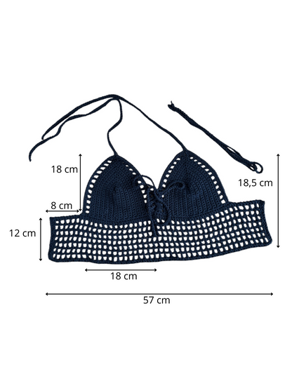 Gehaakte crop-top bralette katoen donkerblauw - handgemaakte festival top (mesh) – maat M