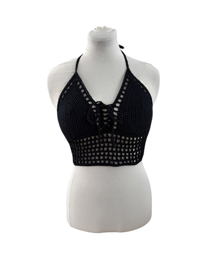 Gehaakte crop-top bralette katoen donkerblauw - handgemaakte festival top (mesh) – maat M