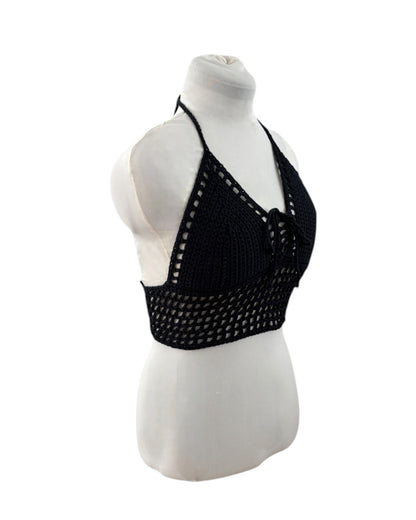 Gehaakte crop-top bralette katoen donkerblauw - handgemaakte festival top (mesh) – maat M